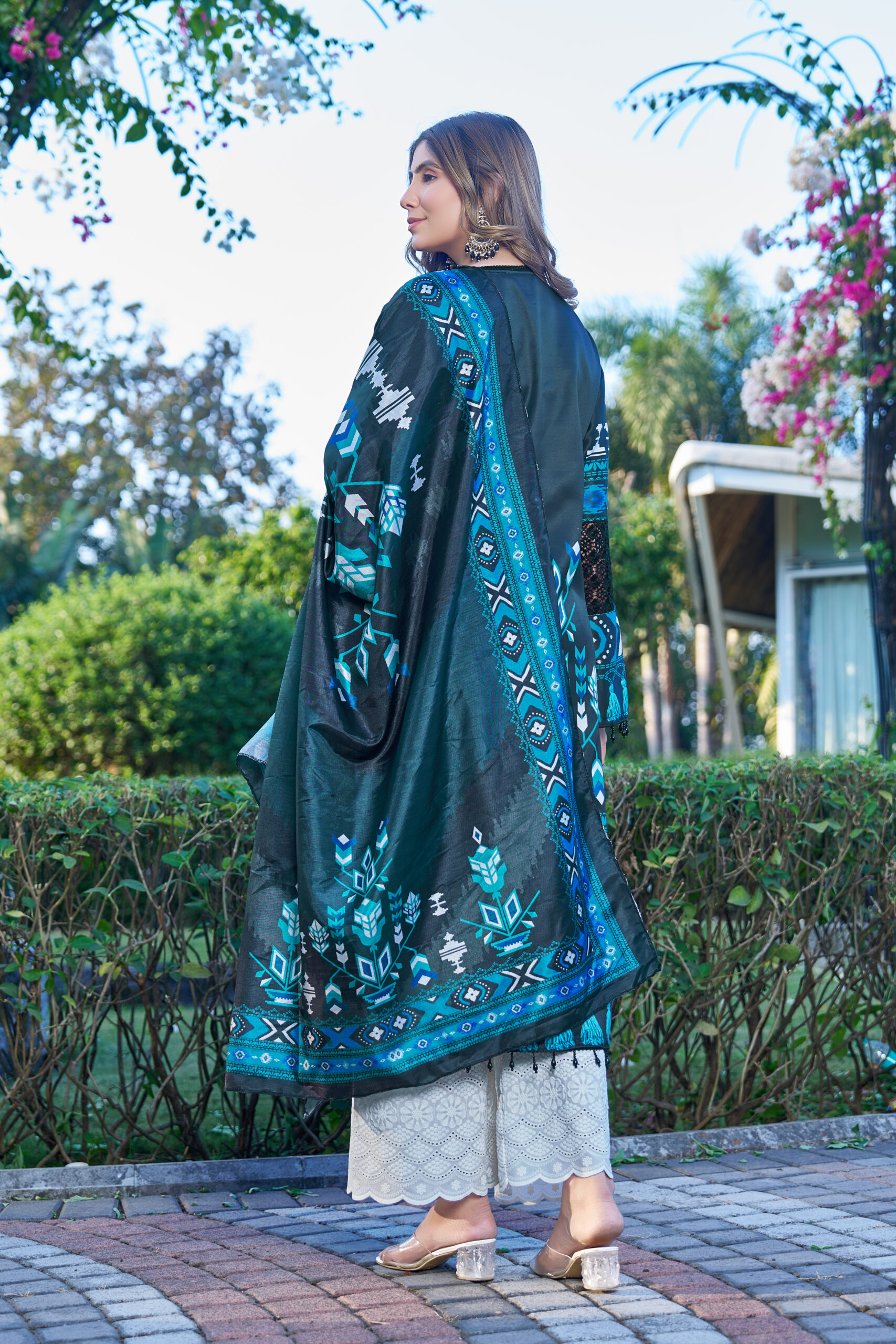 Teal Blue Printed Co-ord Set with Dupatta W-2136