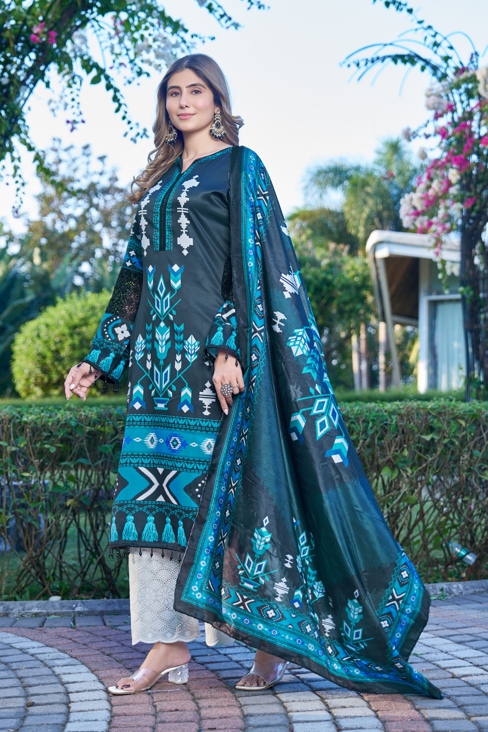 Teal Blue Printed Co-ord Set with Dupatta W-2136