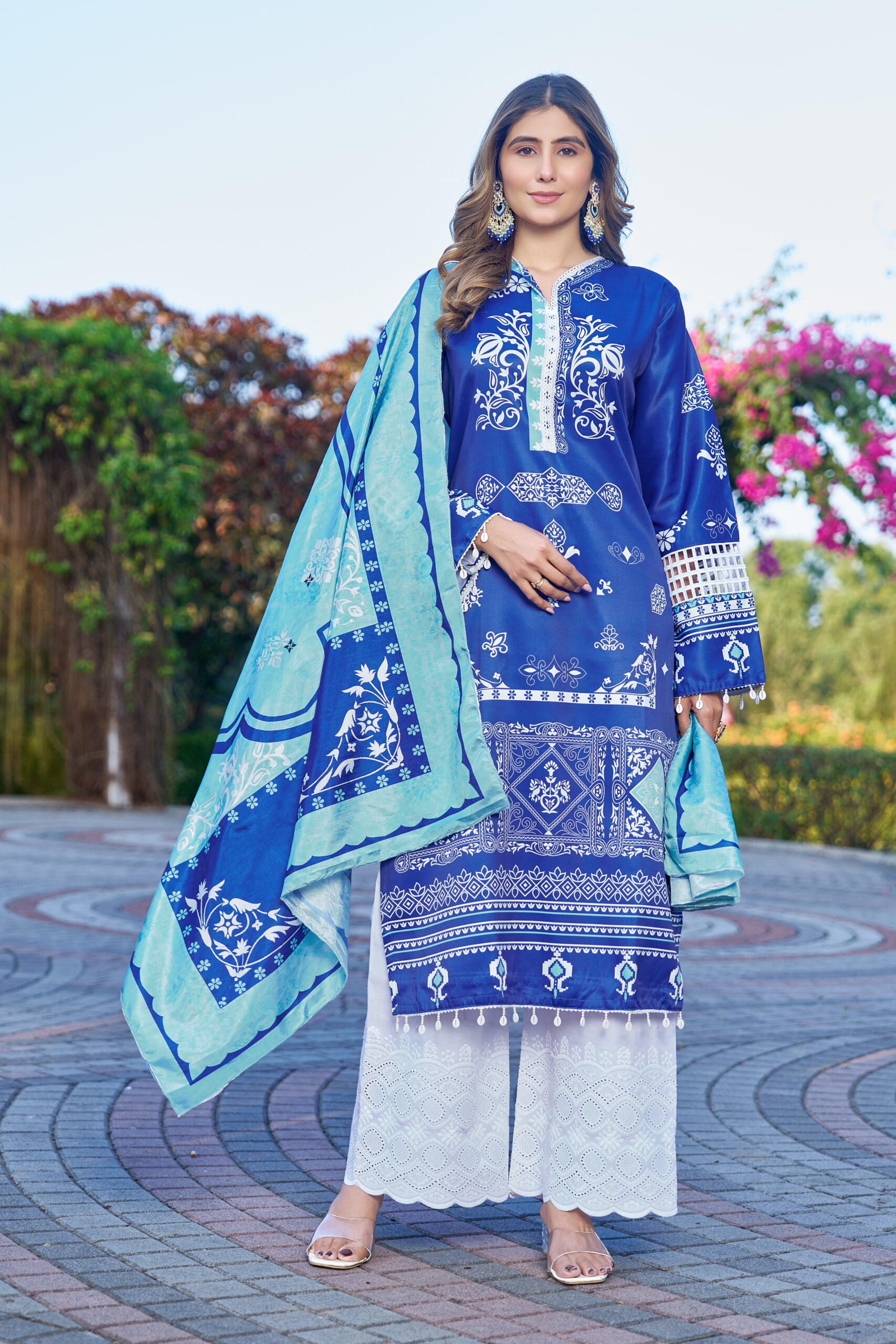 Royal Blue Printed Kurta Set with Aqua Dupatta W-2137