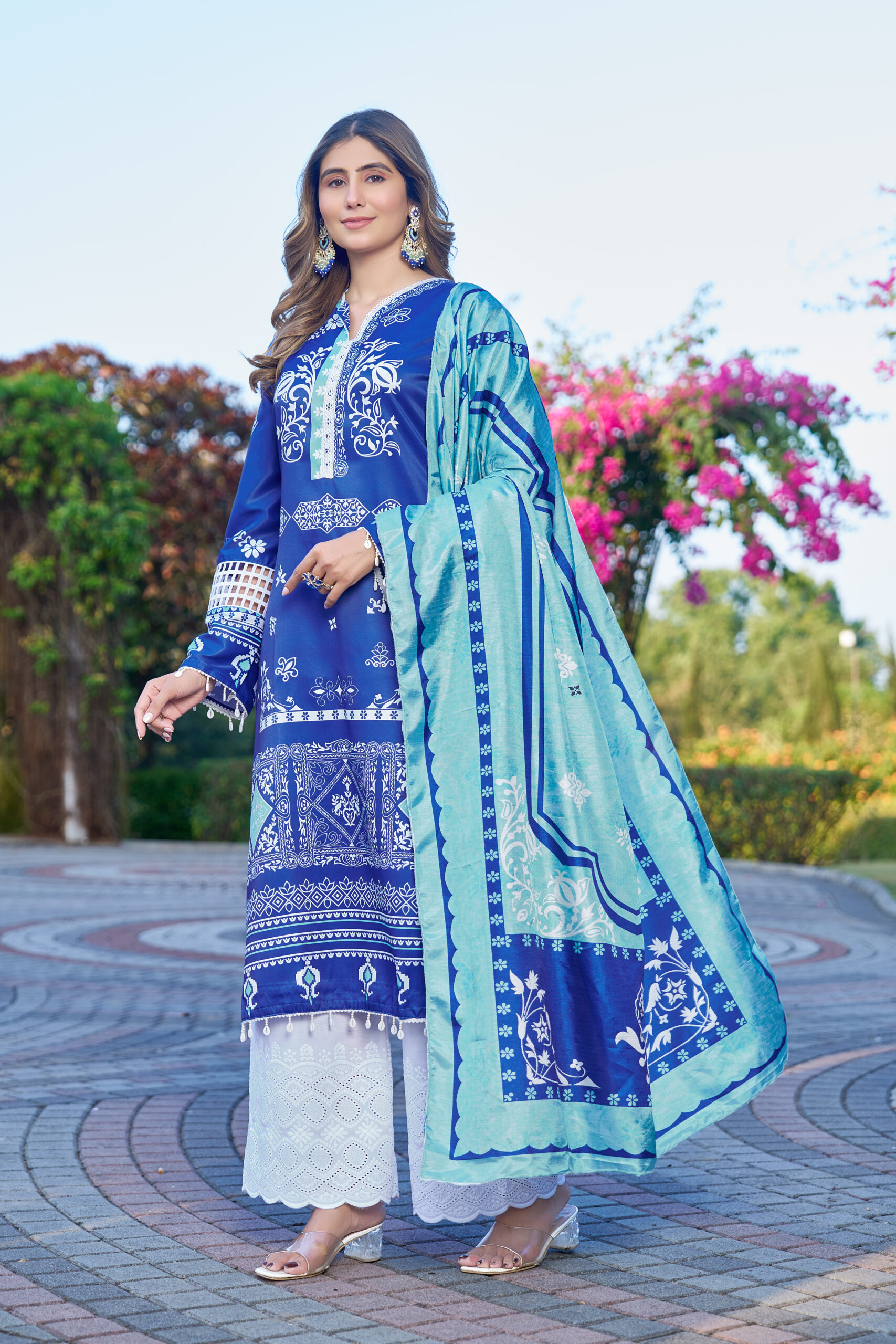 Royal Blue Printed Kurta Set with Aqua Dupatta W-2137